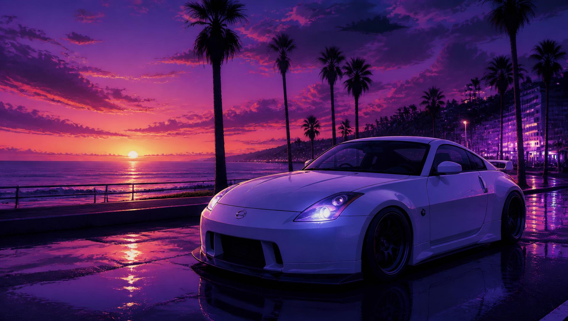 Rivals Anime Motorsport — sunset coastal road with a tuned 350Z